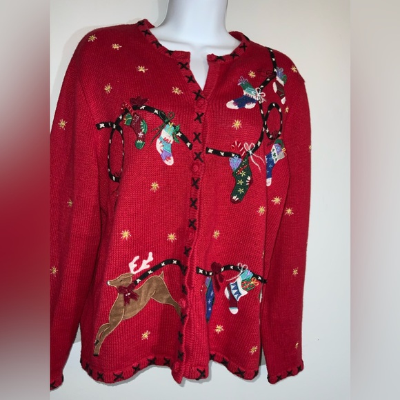 Festive Red Button Down Christmas Sweater Sz Petite Large - Picture 6 of 6